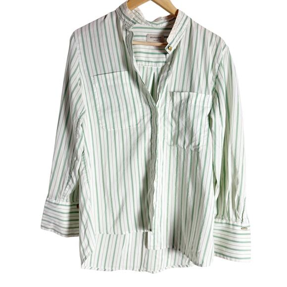 Zeus and Dione White Green Striped Cotton Silk Button Up Blouse Shirt Size M